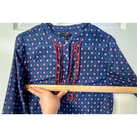 J. Crew Embroidered Blue & Red Long Bell-Sleeve Silk Blend Foulard Top Women's - Picture 10 of 11